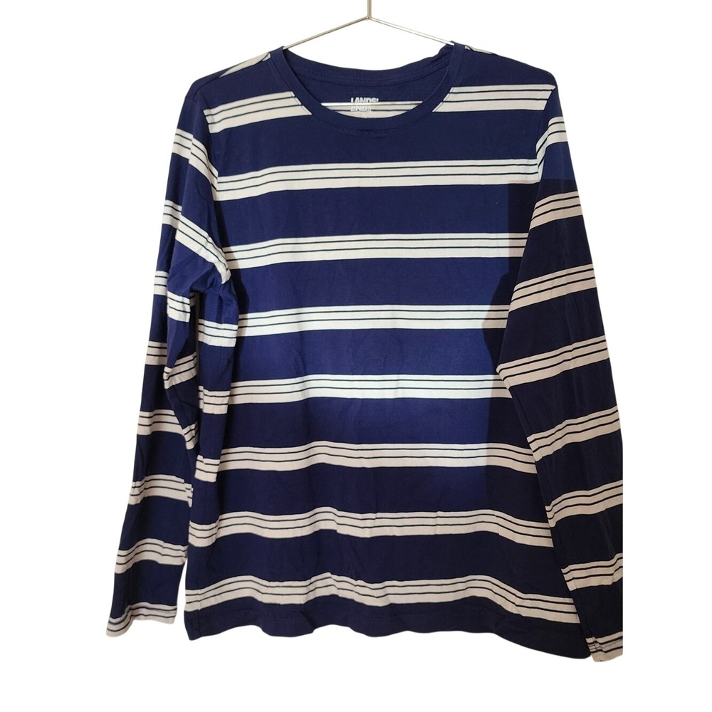 Lands End Long Sleeve T-Shirt Unisex M 10-12 Navy Nautical Striped Cotton Tee